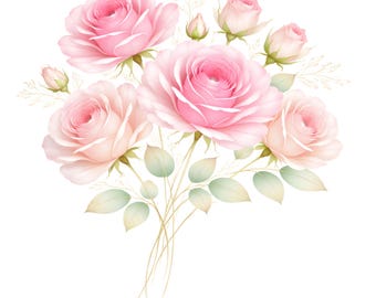 Luxury Pink Rose Clipart Bundle PNG Wedding Floral Transparent Background Set, Digital Download