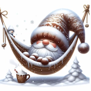 20 Cute Sleepy Gnome in a Snowy Hammock, Cosy Winter Gnome, Winter Clipart,  Gnome Clipart, Digital Download, PNG, Commercial Use