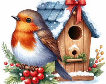 Watercolor Christmas Robin Clipart: Bird Prints, PNG, Printable Digital Download, Commercial Use