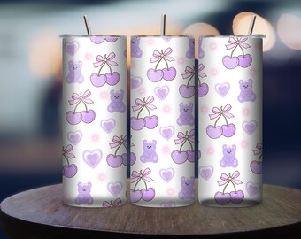 Coquette, Purple Cherry 20 Oz Skinny Straight Tumbler Sublimation Design, Pink Bow, Teddy, Seamless, PNG, Instant Download, Commercial use