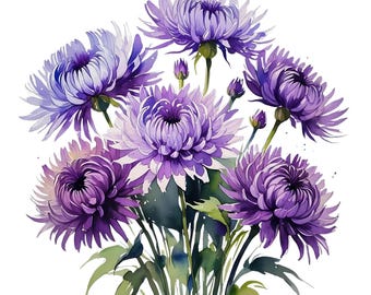 Purple Chrysanthemum Bouquet Clipart: Watercolor Flower Vase PNG (Digital Download, Commercial Use