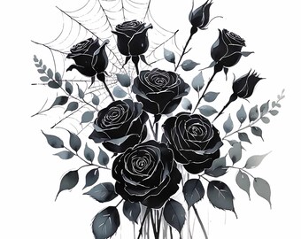 Halloween Black Rose Spiderweb Watercolor: Printable PNG Digital Download, Commercial use