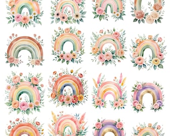 Boho Floral Rainbows Clipart: Wedding & Craft Designs, PNG Digital Download, Commercial use