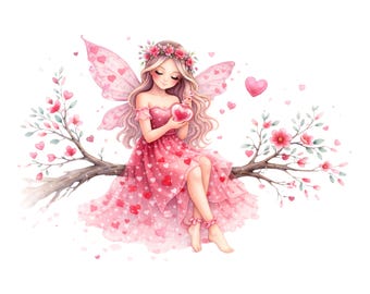 Könnte beinhalten: Aquarellillustration einer Fee mit rosa Flügeln und einem Blumenkranz, die ein herzförmiges Objekt hält. Sie trägt ein rosa Kleid mit Herzmustern und sitzt auf einem Ast mit rosa Blüten. Der Hintergrund ist weiß.