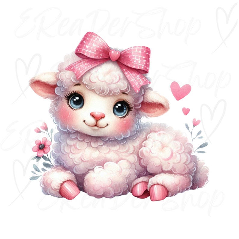 Pu&ograve; includere: Un agnello bianco e carino con un fiocco rosa &egrave; seduto su uno sfondo bianco. L'agnello ha un'espressione dolce ed &egrave; circondato da piccoli cuori rosa.
