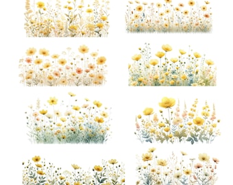 15 Watercolor Yellow Floral Clipart, Wildflower Meadow, PNG (Digital Download)