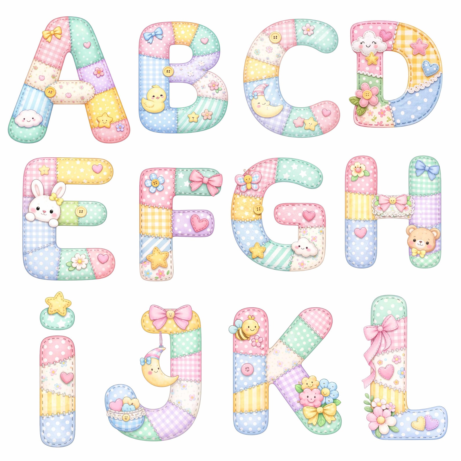 Pastel Patchwork Alphabet & Numbers PNG Bundle | Nursery Clipart ...