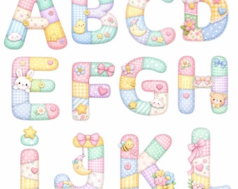 Pacchetto PNG di alfabeto e numeri in stile patchwork pastello / Clipart per la cameretta, download digitale