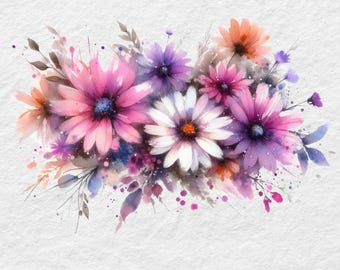 18 Watercolor Messy Floral Bouquet, wild daisy clipart, Wildflower Meadow, PNG, Floral borders, Digital clipart PNG, Digital Download