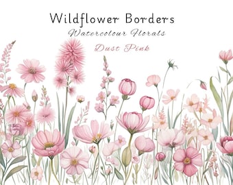 15 rosa Wildblumen Ränder Clipart, Aquarell Blumen PNG, digitaler Download