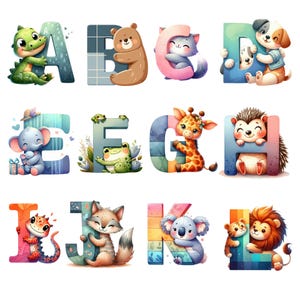 Alfabeto de animales lindos, letras con animales, letras mayúsculas, sublimación, personalización de guardería, PNG, descarga digital, uso comercial