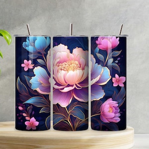 Dark & Vibrant Floral Elegance, 20oz SkinnyTumbler Sublimation, Glowing Neon Peonies PNG, Spring florals, Digital Download, Commercial use