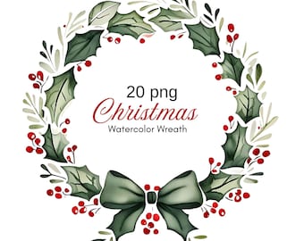 20 Watercolor Christmas Wreath, Christmas Wreath Clipart, Holly Wreath, Mistletoe Wreath, PNG, Digital Download, Commercial use