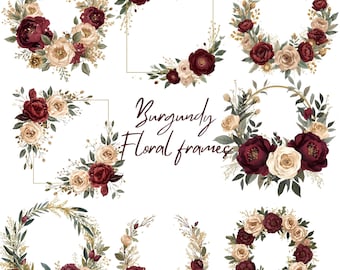 May include: A collection of burgundy floral frames in various shapes, including circles and squares. The frames feature burgundy peonies, cream roses, and green foliage, with the text "Burgundy Floral Frames".