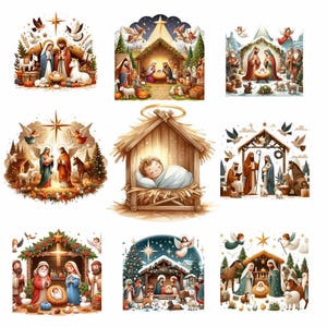 Aquarelle, crèche de Noël, naissance de Jésus, clipart Noël, naissance de Jésus PNG, Marie et Joseph, Noël PNG, imprimable, usage commercial,
