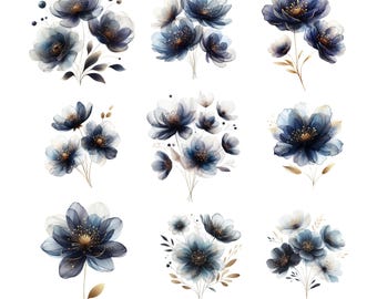 Navy Flower Abstracts: Watercolor Flower Clipart, PNG, Digital Download