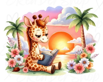 Clipart acquerello di giraffa che legge un libro, arte per bambini (download digitale)