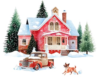 18 Winter Christmas Red Cottage, Winter Christmas House, Christmas Cards Designs, Christmas Wall Art, PNG, Digital Download, Commercial Use