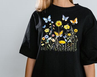 Wild Flowers and Butterflies  T-Shirt Design, T-Shirt, Sweatshirt PNG, Watercolor Wildflowers Design,  Instant Download, Commercial use