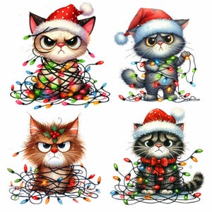 Peut inclure: Quatre chats de dessin animé portant des chapeaux de Père Noël sont emmêlés dans des lumières de Noël. Les chats sont tous de couleurs différentes et ont des expressions différentes sur leurs visages.