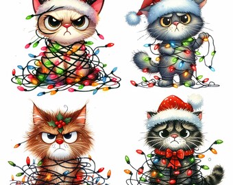 16 Grumpy Christmas Cat, Fun Christmas Cat, Xmas lights Kitty Cat, Holidays Clipart, Feline Clipart,  Digital Download, PNG, Commercial Use