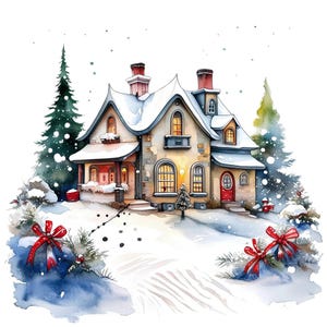 11 Clipart di case di Natale, casa di Natale invernale, design di biglietti di Natale, arte murale di Natale, PNG, download digitale, uso commerciale