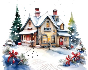 11 Christmas Houses Clipart, Winter Christmas House,  Christmas Cards Designs, Christmas Wall Art, PNG, Digital Download, Commercial Use