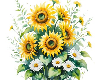 Watercolor Sunflower Clipart: Farmhouse PNG Images for Commercial Use Digital Download