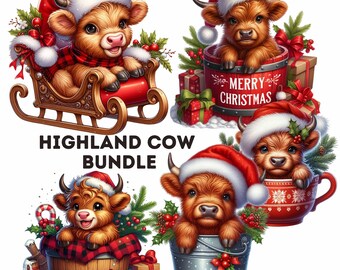 60 Christmas Highland Cows Bundle, Christmas Clipart, Highland Cow sets, PNG, Christmas Clipart, Transparent Background, Digital Download