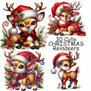 30 graziose renne di Natale, clipart di renne, renne acquerellate, png di Natale, png di renne, download digitale, stampabile, uso commerciale