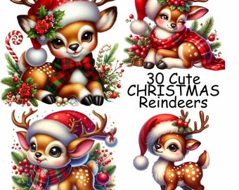 30 Cute Christmas Reindeers, Reindeer clipart, Watercolor Reindeer, Christmas png, Reindeer png, Digital Download, Printable, Commercial Use