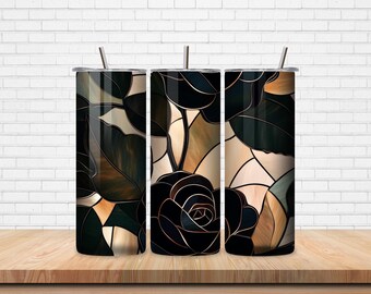 Vitral Rosa Negra 20oz Skinny Tumbler Wrap Sublimação, Design de Vitral, Floral Png, Download Instantâneo, Uso Comercial