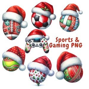 23 Esportes e Jogos Clipart com Chapéu de Papai Noel, Bola de Futebol, Futebol, Bola de Tênis, Bola de Críquete, Download Digital de Jogos, PNG, Uso Comercial