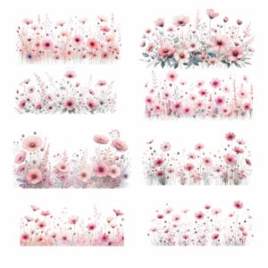 20 Watercolor Dust Pink Florals Clipart, Soft Pink Flowers Wildflowers Clipart, Wild flower Meadow, PNG, Floral borders, Digital clipart PNG