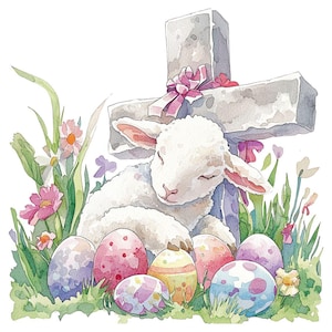 13 Watercolor Easter Lamb with a Cross Clipart, Printable Watercolor clipart, Scrapbooking Clipart PNG, Instant Download, Commercial use