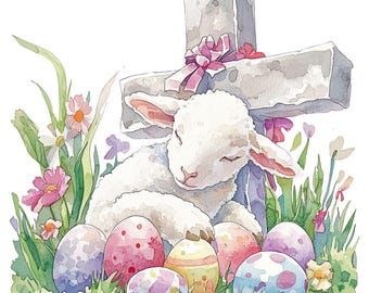 13 Agnello pasquale acquerello con una croce Clipart, Clipart acquerello stampabile, Clipart scrapbooking PNG, Download immediato, Uso commerciale