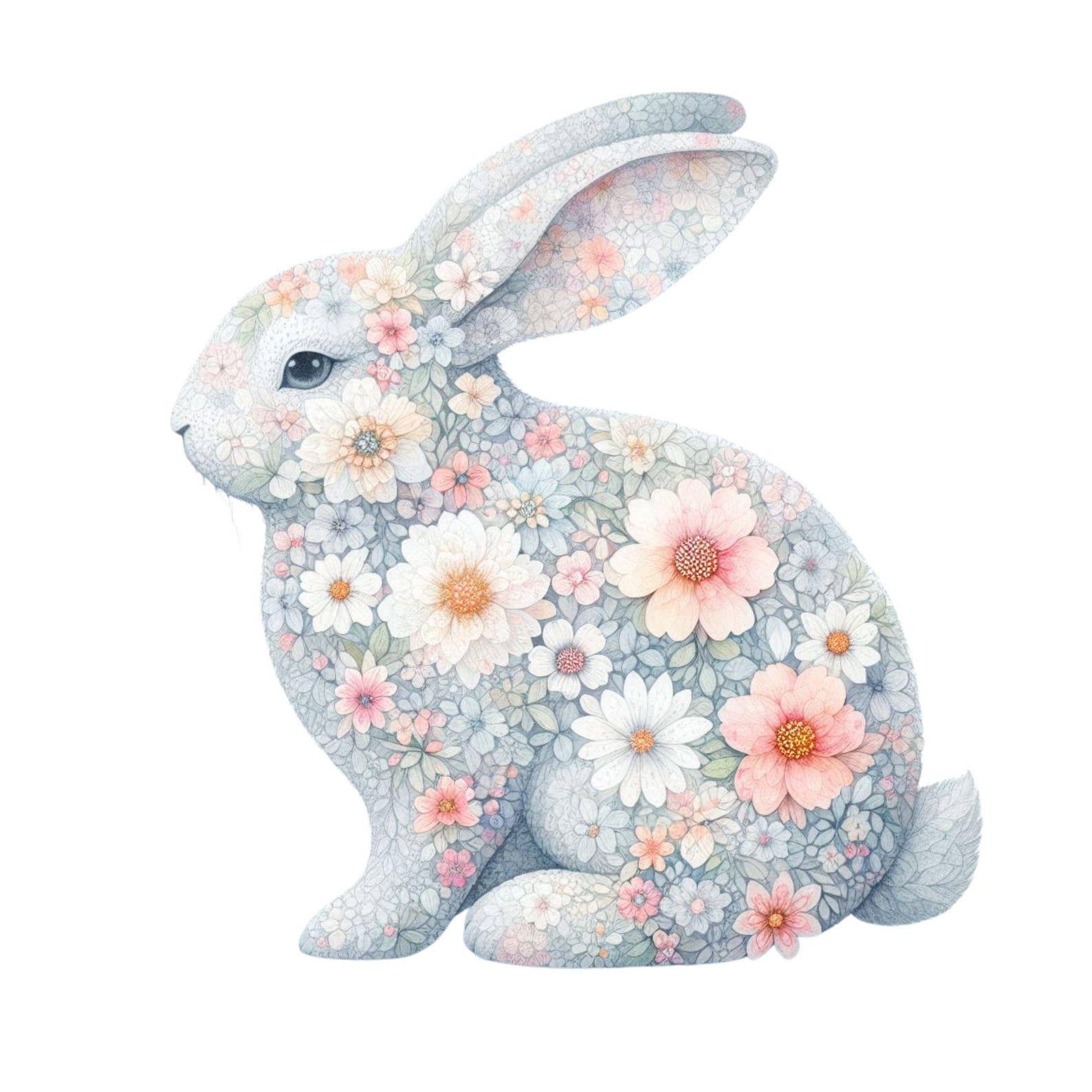 Floral Bunny Clipart PNG Bundle, Botanical Easter Rabbit, Cottagecore ...