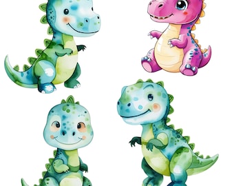13 Cartoon Dinosaur Clipart, Watercolor Nursery Art (PNG, Instant Download)