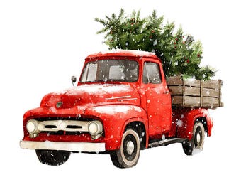 Vintage Watercolor Red Truck Christmas Clipart: PNG, Printable Digital Download