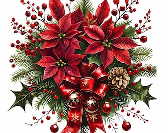 Red Poinsettia Christmas Clipart Bundle: Printable Holiday Graphics Commercial Use, Digital Download