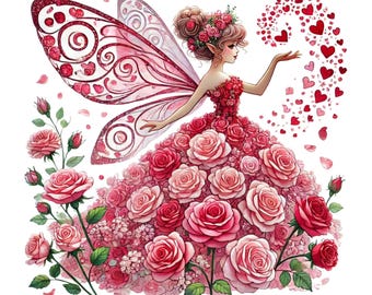 Könnte beinhalten: Digitale Illustration einer Fee in einem Kleid und Flügeln aus roten und rosa Rosen. Die Fee trägt einen Blumenkranz und ist von Rosen und Herzen umgeben. Das Kunstwerk hat ein romantisches und verspieltes Thema.