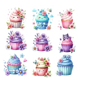 30 Cute Cupcakes, Cupcakes Clipart,  Watercolor Cupcakes, Flower Cupckes, Cute Kawaii Cupcakes, Png, Digital Download, Commercial Use