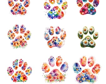 May include: Nine colorful paw prints made of flowers. Each paw print is a different color and has a different flower arrangement. The paw prints are on a white background.