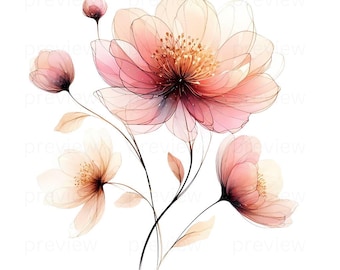 20 Pink Floral Abstract, Watercolor Flowers, Pink flower clipart,  Flower abstract, Watercolor clipart, Digital download, PNG Commercial use