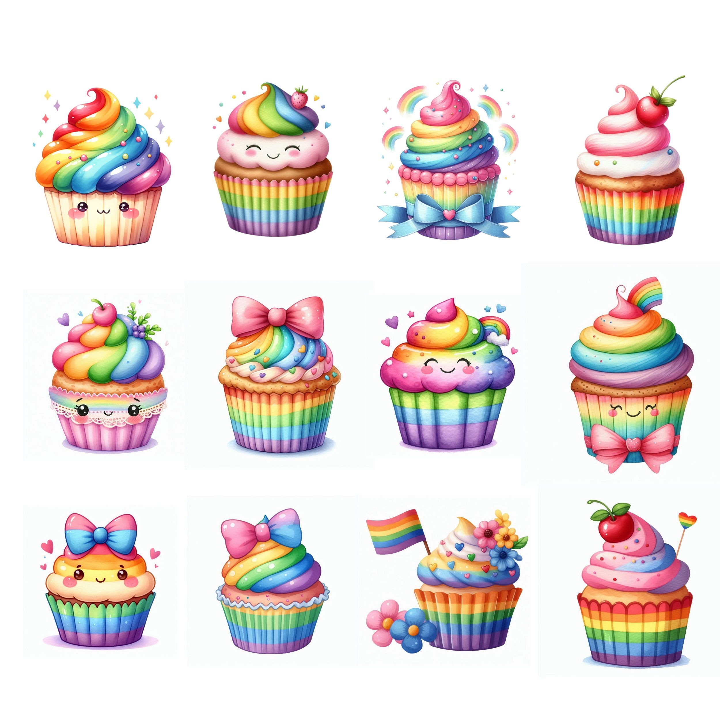 Rainbow Cupcakes PNG, Kawaii Watercolor Clipart, (digital Download) - Etsy