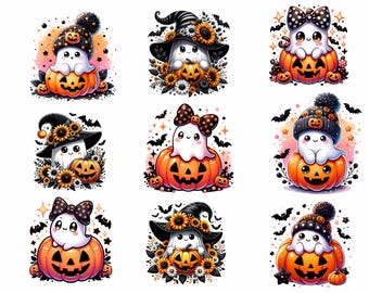9 söta spöken clipart, Halloween sublimering, Halloween clipart, tecknade spöken clipart, PNG, digital nedladdning, kommersiellt bruk