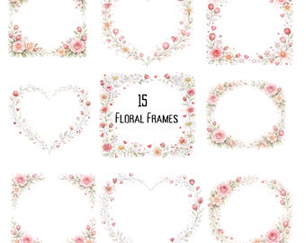 Watercolor Dust Pink Floral Frames Clipart, Valentine Printable Decor, PNG, Digital Download