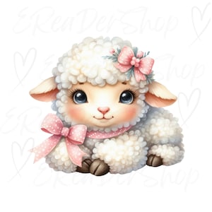 Pu&ograve; includere: Un agnello bianco e soffice con un fiocco rosa e una corona di fiori rosa. L'agnello &egrave; seduto su uno sfondo bianco.