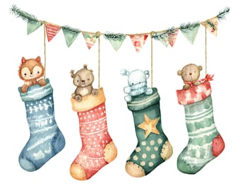 Watercolor Christmas Baby Socks Banner: Vintage Garland PNG Printable Digital Download, Commercial Use