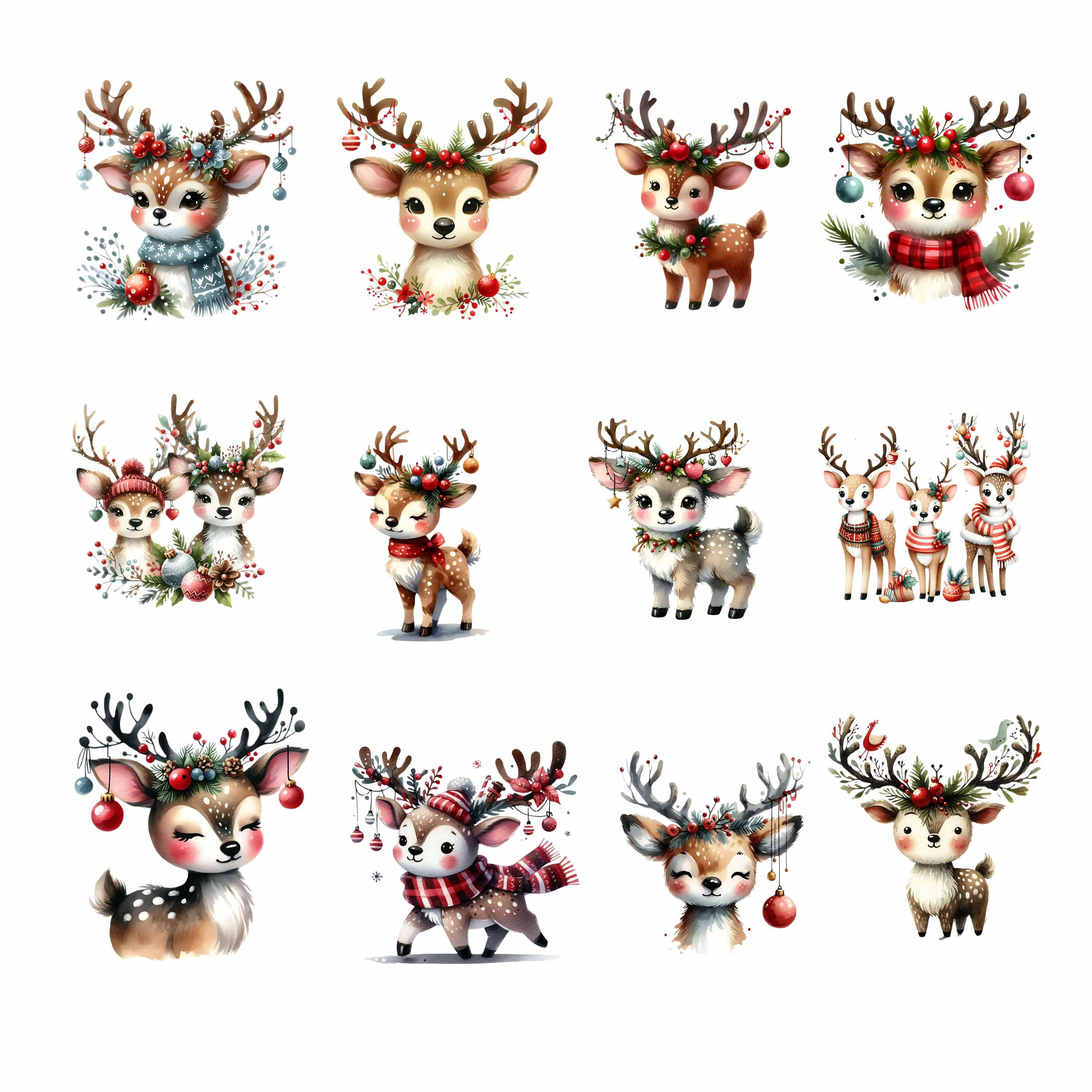 Watercolor Christmas Reindeer Clipart, Cute PNG Images (digital ...